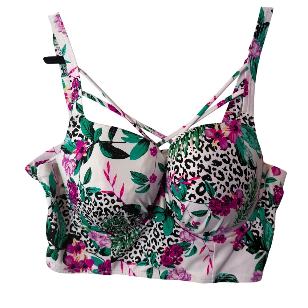 Floral & Leopard Print Longline Bikini Top in White and Green